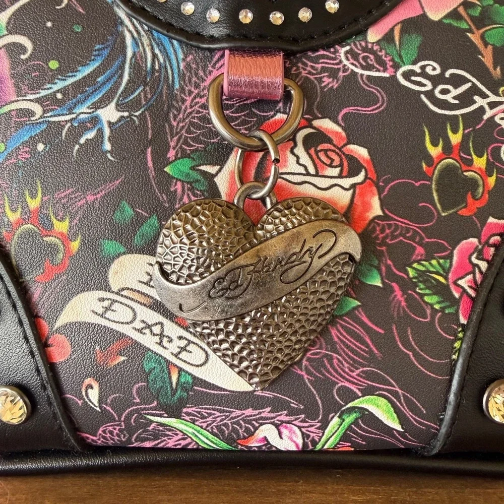 Ed Hardy Skull Roses‎ Tattoo Crossbody Bag Studded Y2K Purse NWT Metallic Pink